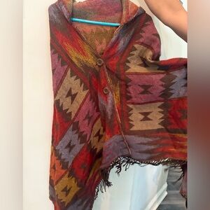 Aziza Southwest Cape, Shawl w/ Hood One Size Fringe & Button Front